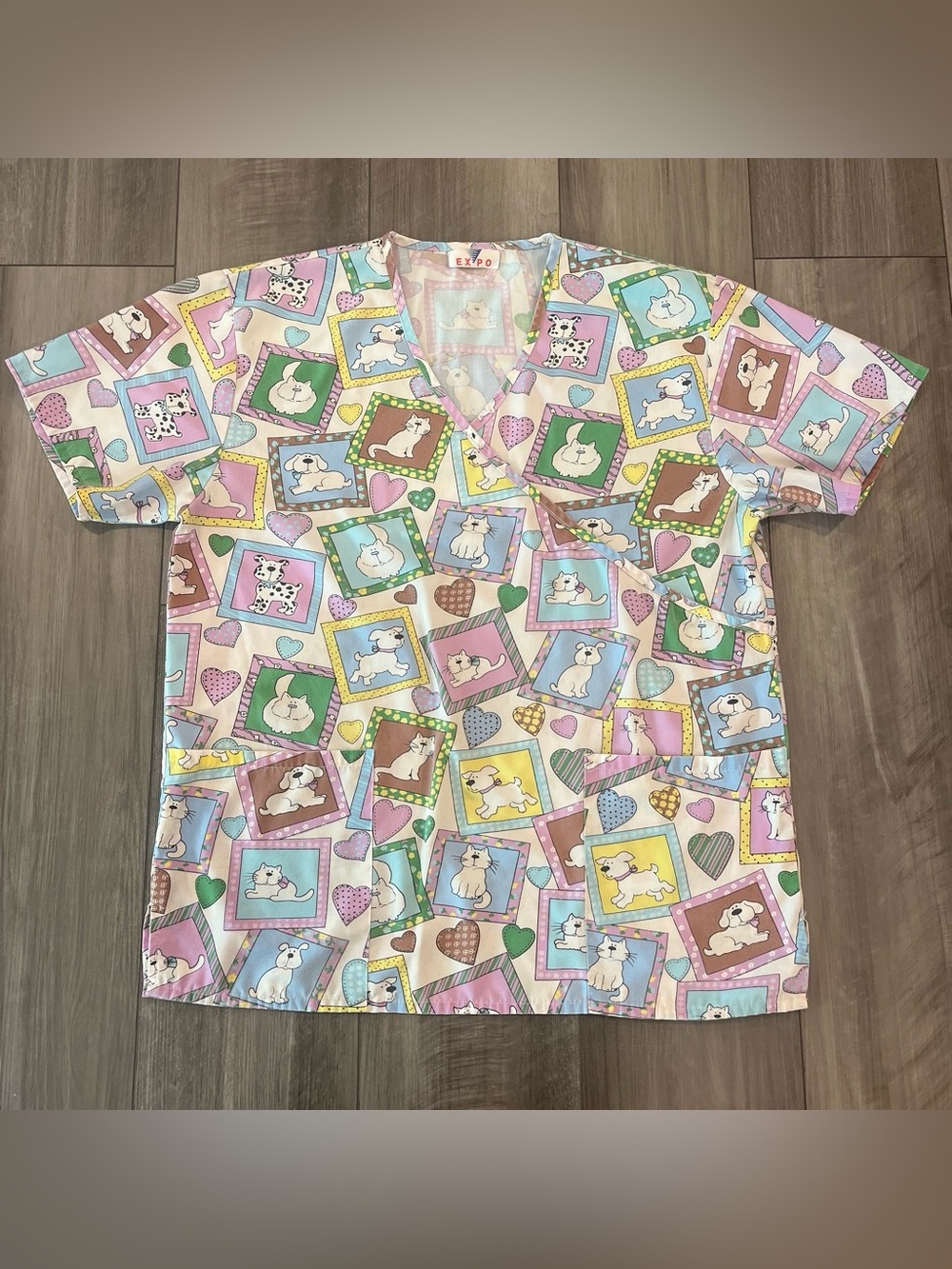 Pastel Dog and Cat Print V-Neck Scrub Top